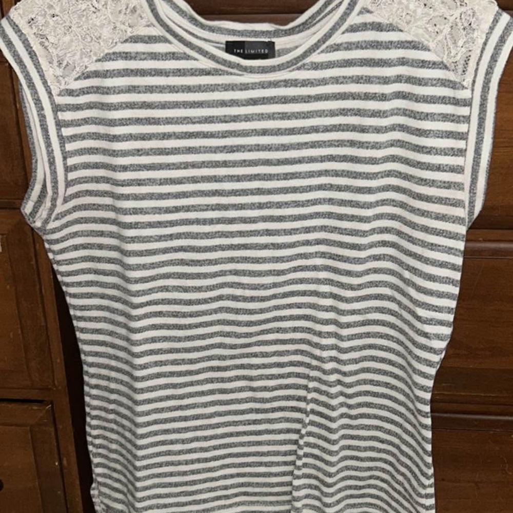 The Limited Gray and White Striped Top with Lace Accents